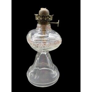 Vintage Mini Clear Glass Greek Key Pattern Kerosene Oil Lamp Acorn Burner 6.25"
